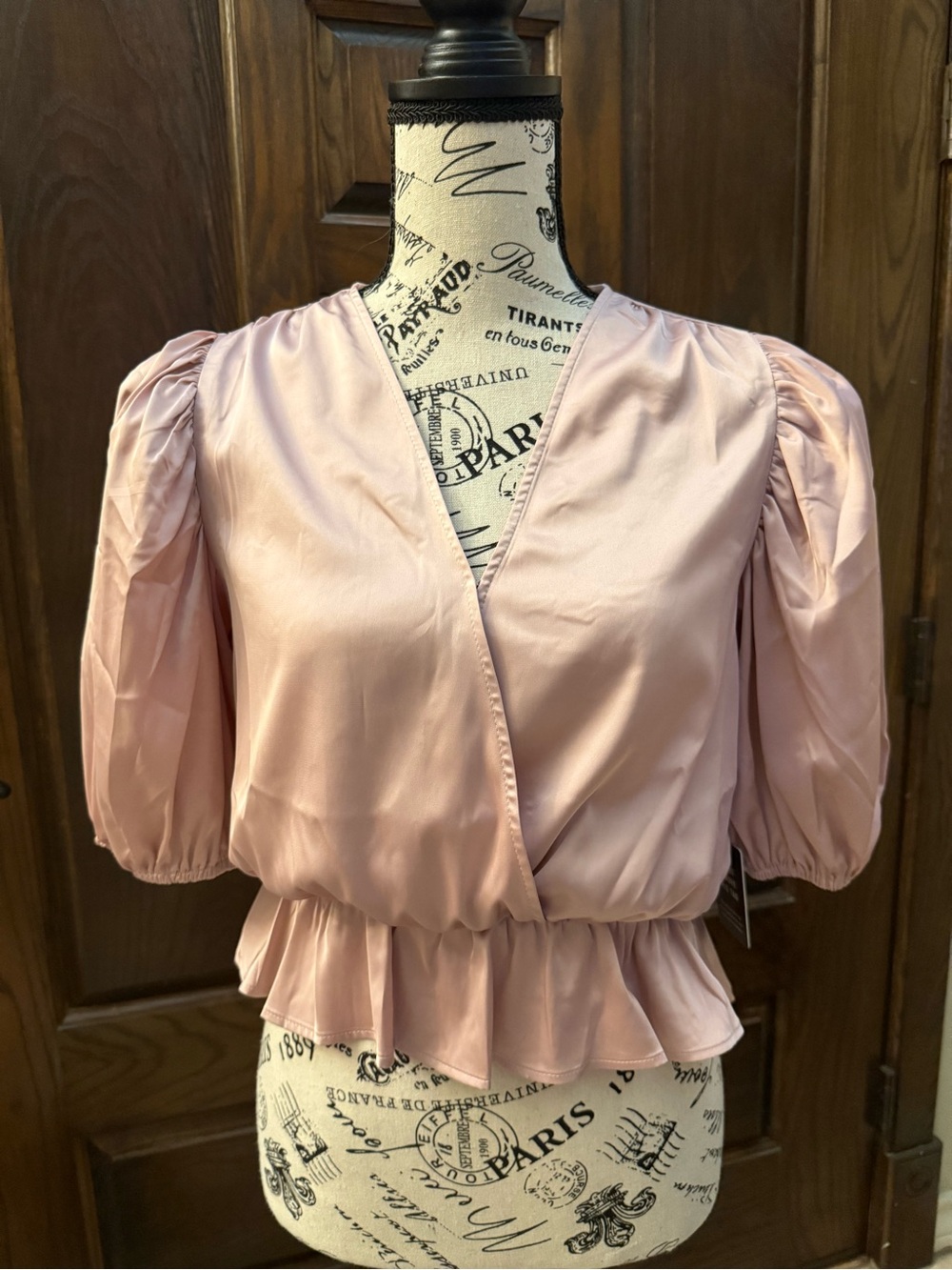 Express Satin Puff Sleeve Wrap Bodysuit in Rose